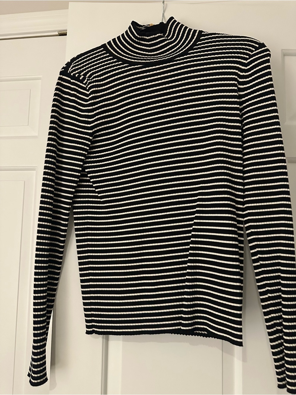 Tory Burch Black & White Striped Mock Neck Sweater